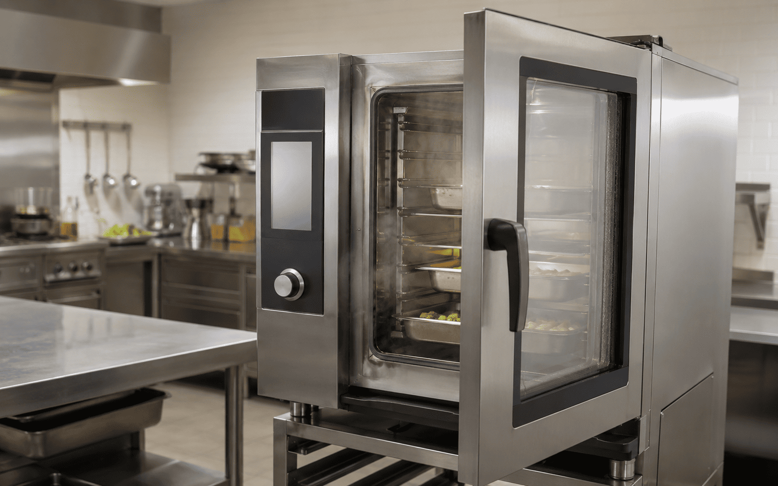 Horno mixto profesional abierto en una cocina industrial