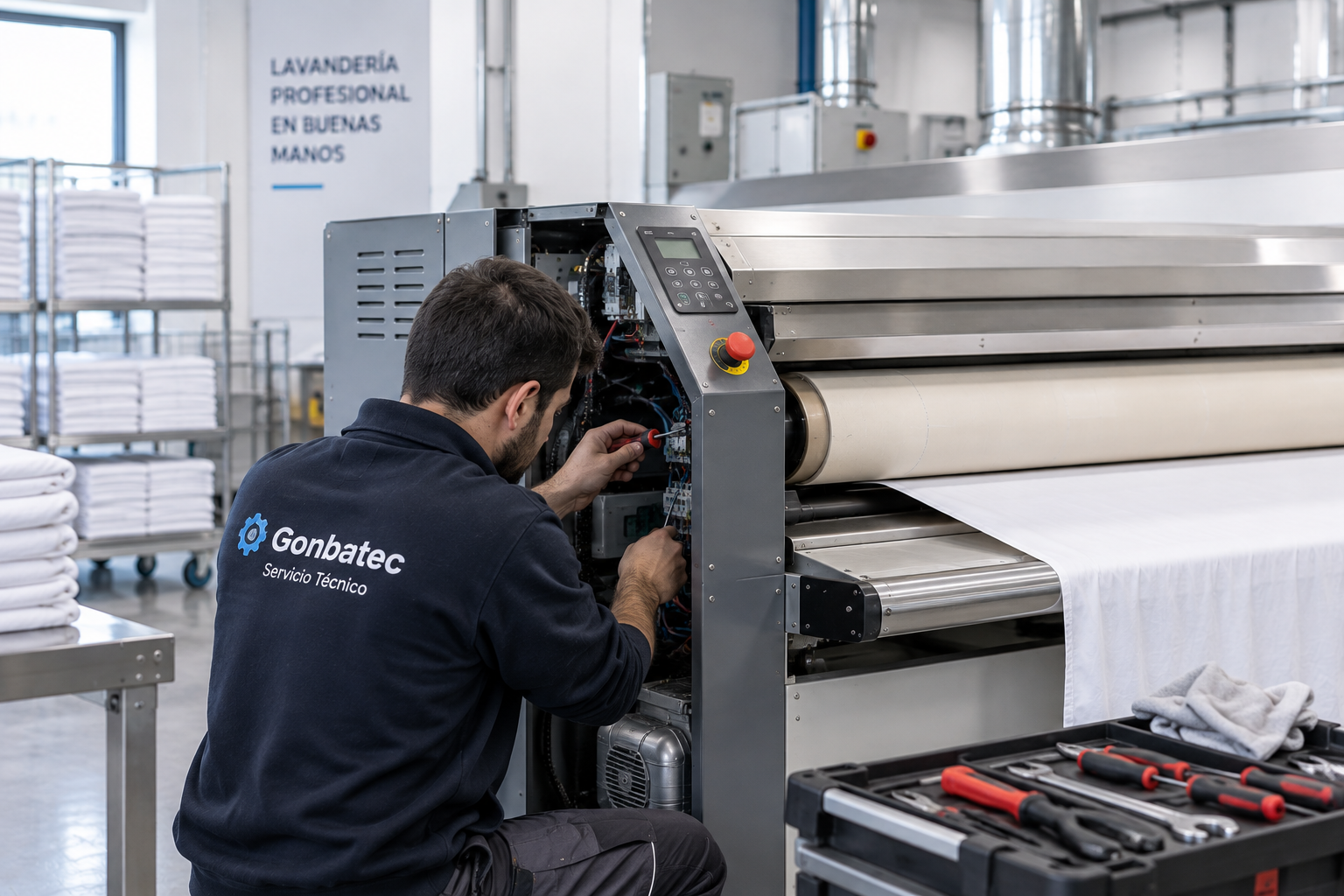 Técnico reparando calandra industrial en Madrid