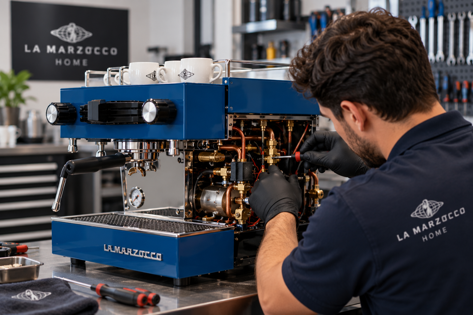 Técnico reparando una cafetera La Marzocco Home